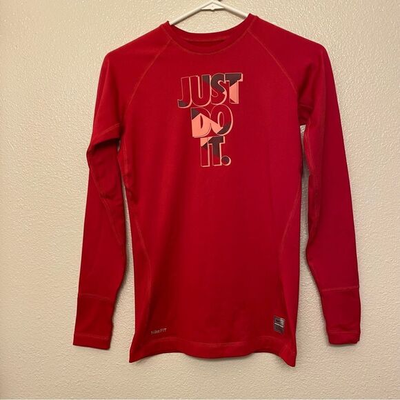 NIKE PRO hot pink Just Do It fitted cozy fleece lined Long Sleeve Running Top -S - Picture 1 of 8